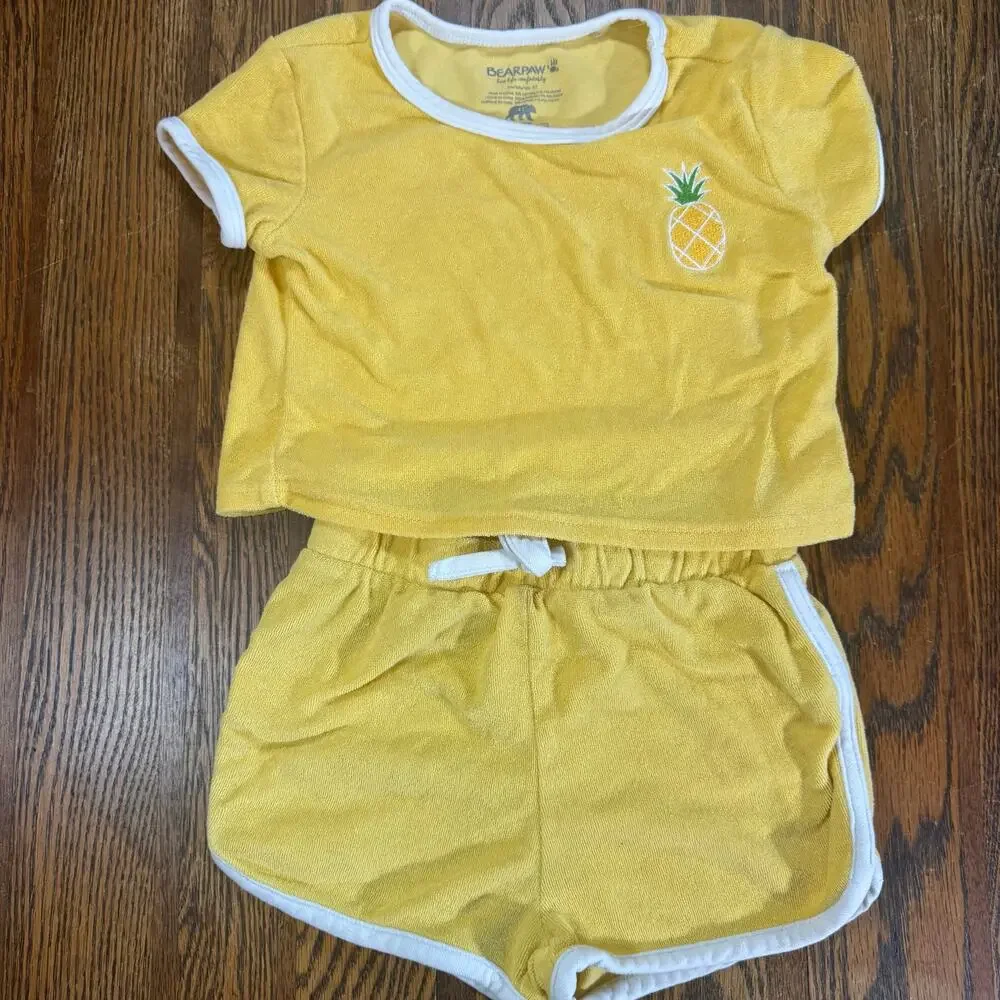 Bearpaw Toddler Girls Yellow Pineapple Terry Cloth Short Set 4T Cute Summer Set